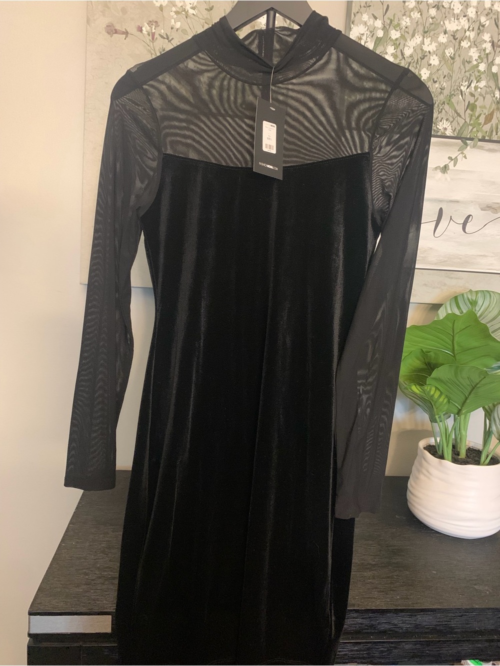 Black Velvet & Mesh Long Sleeve Dress - Picture 3 of 4
